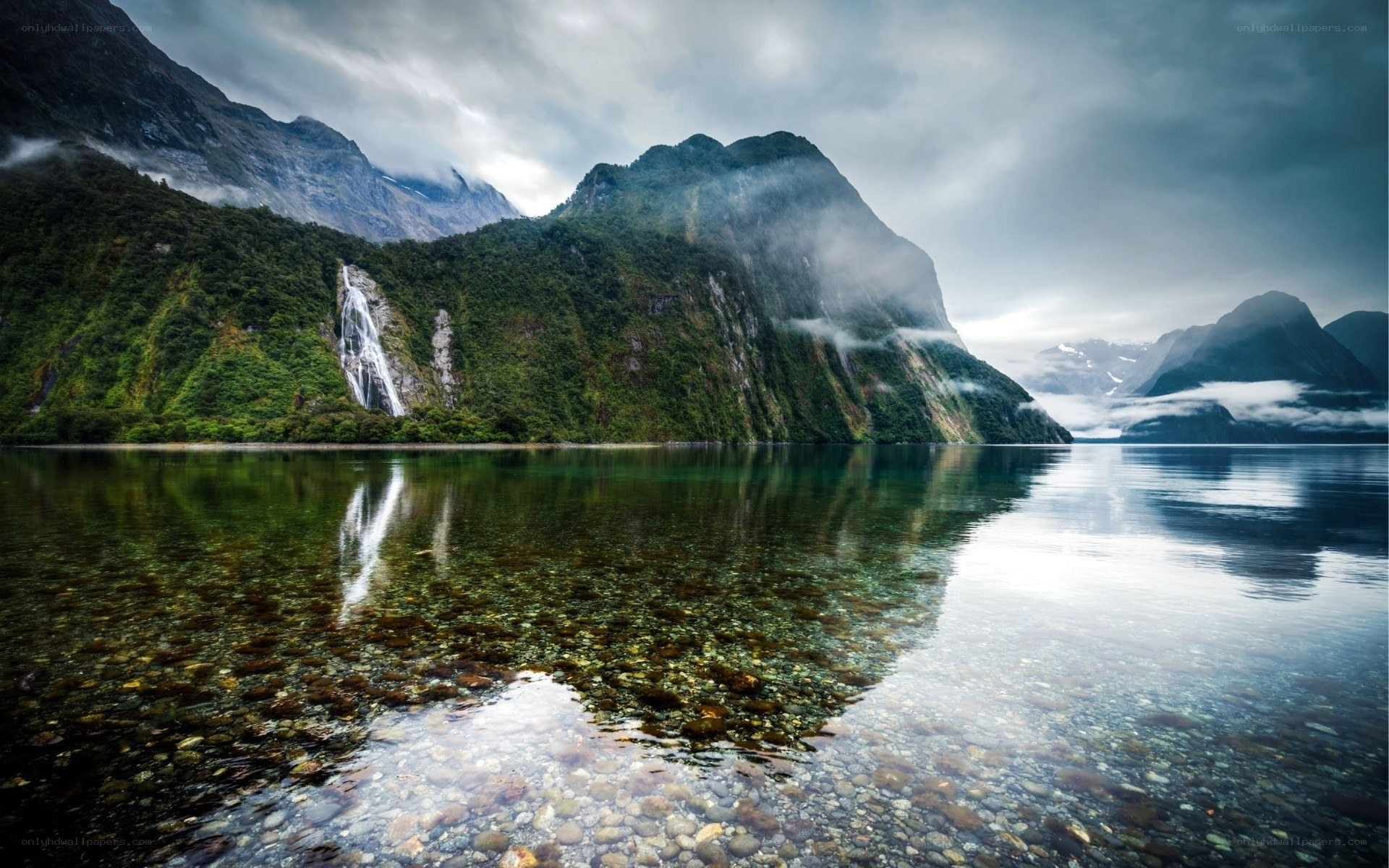 Milford Sound with waterfall