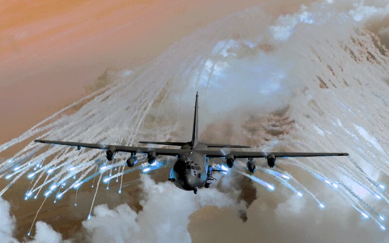 Military aircraft deploying flares