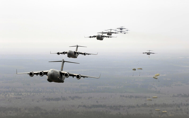 Military aircraft formation in flight