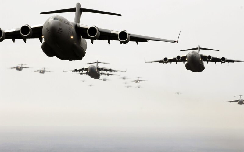 Military aircraft formation in flight