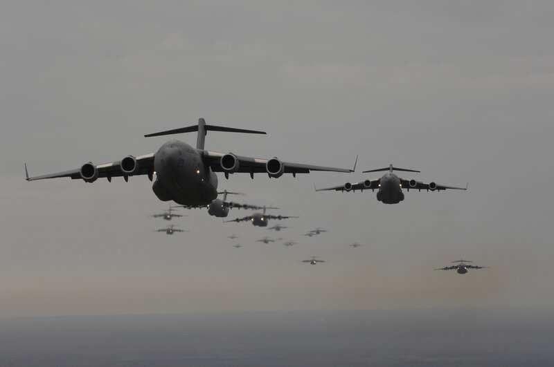 Military aircraft formation in flight