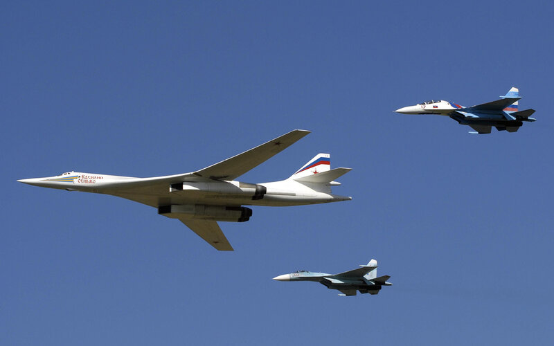 Military Aircraft in Formation — Blue