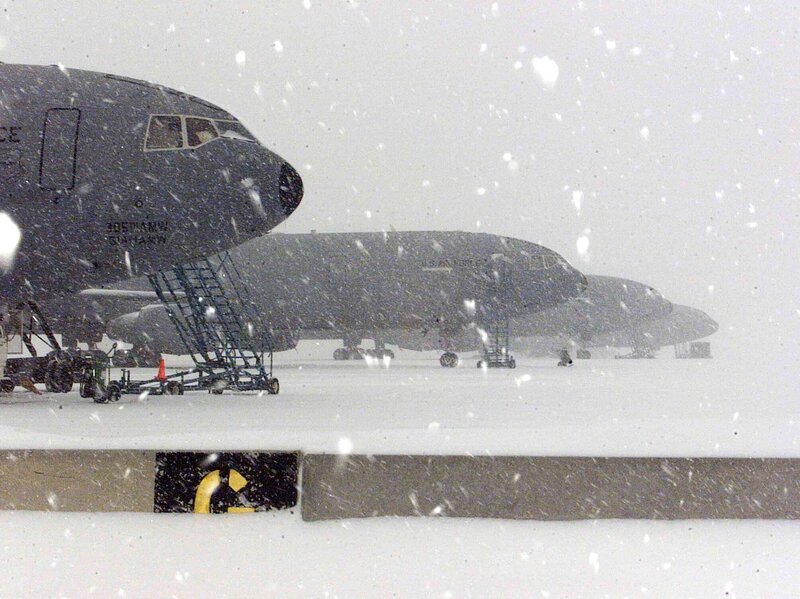 Military aircraft in snowstorm
