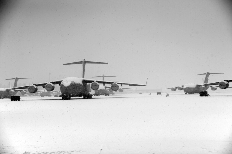 Military aircraft in snowstorm
