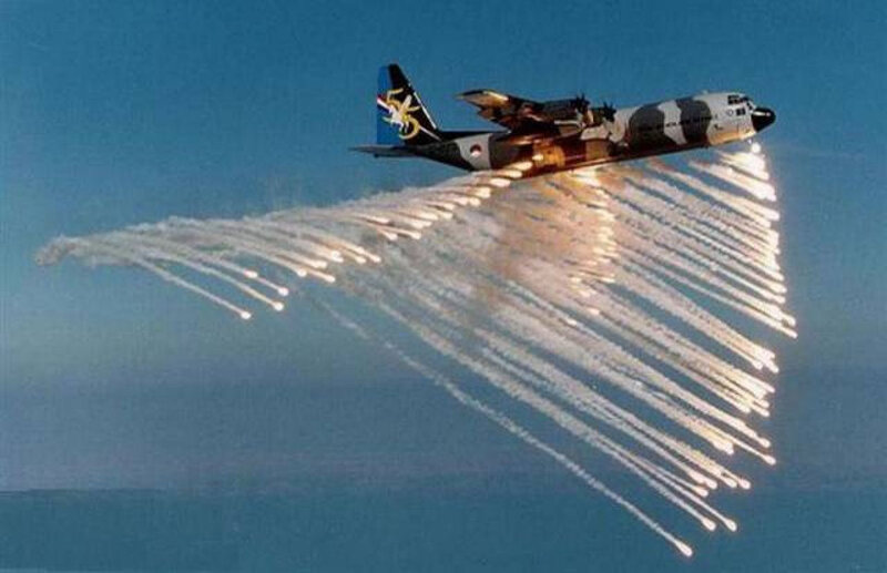 Military Aircraft Releasing Flares — Blue, Dramatic