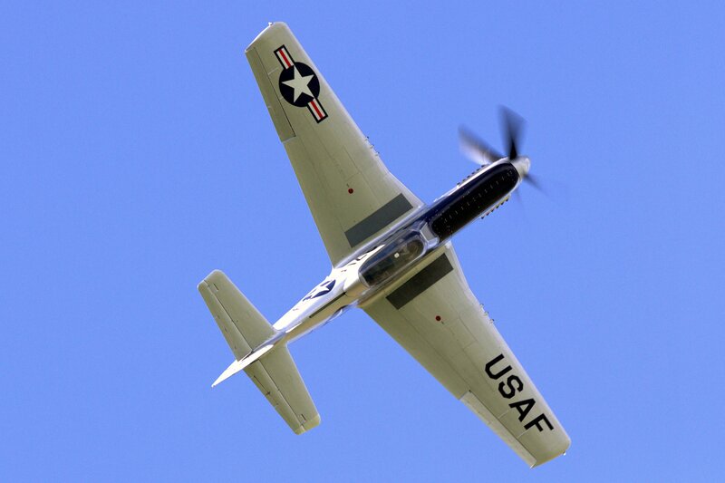 Military Airplane in Flight — Blue, Dynamic, Afternoon, Photograph, Propeller, Sky