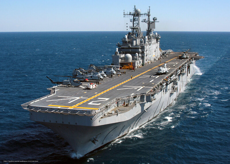 Military amphibious assault ship at sea