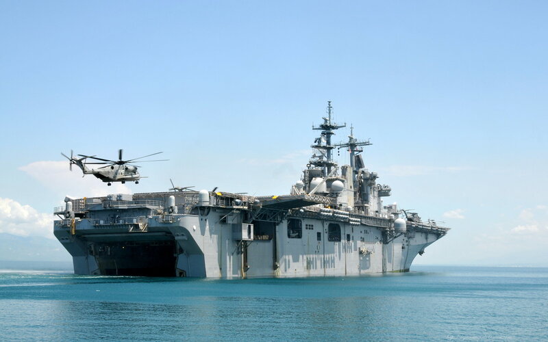 Military Amphibious Assault Ship — Blue, Calm, Afternoon