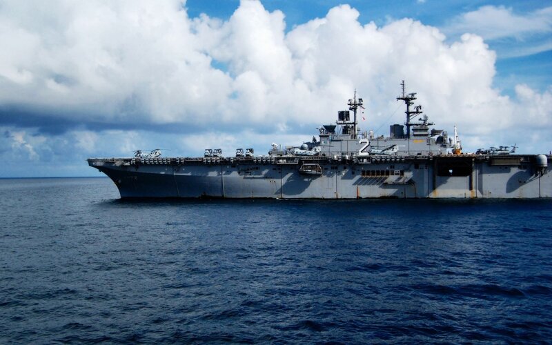 Military Amphibious Assault Ship — Blue, Dramatic, Afternoon