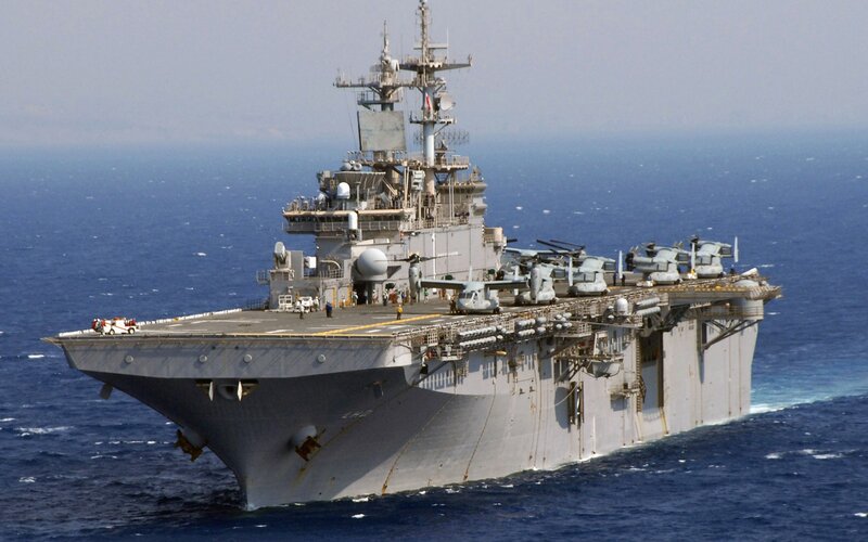 Military Amphibious Assault Ship — Gray, Calm, Afternoon, Photograph, Aircraft, Ocean, Deck