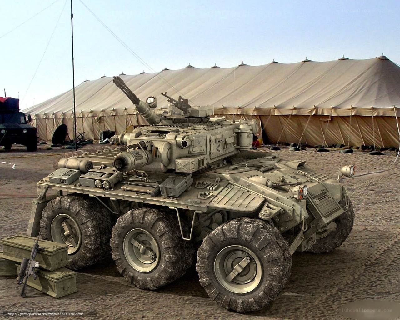 Military armored vehicle in desert camp