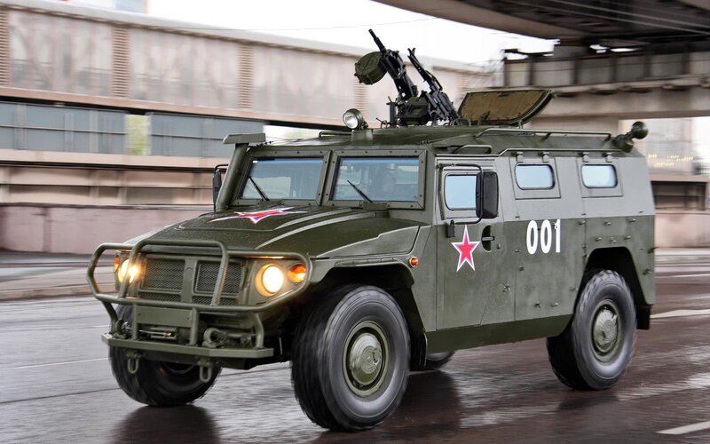 Military armored vehicle on road