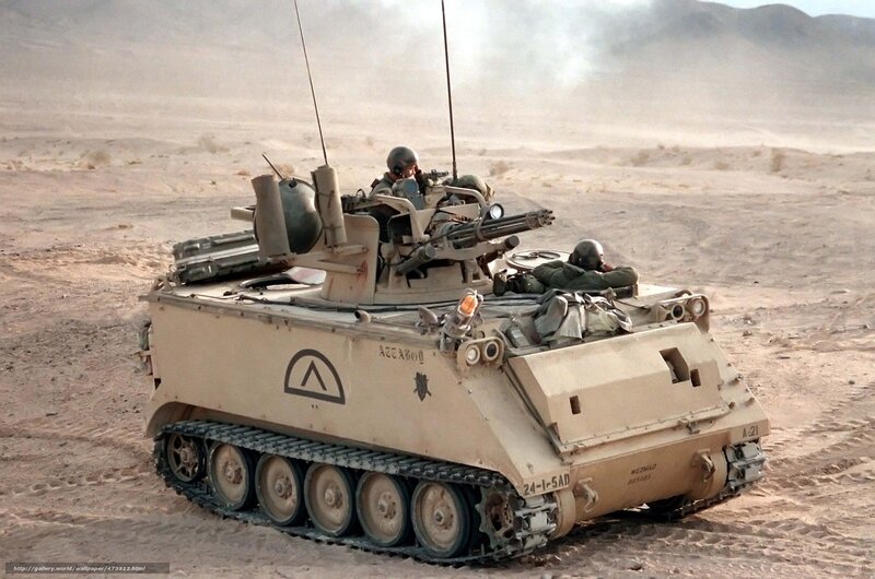 Military Armored Vehicle — Tan, Dramatic, Afternoon