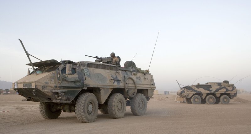 Military armored vehicles in desert