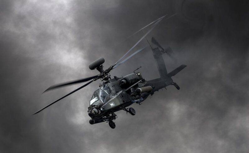 Military Attack Helicopter — Gray, Dramatic, Photograph, Clouds, Rotor Blades