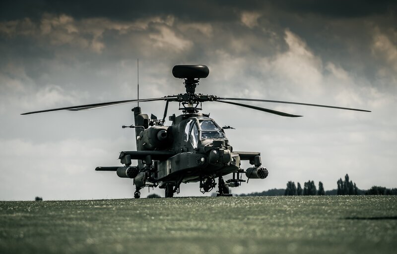 Military Attack Helicopter — Green, Dramatic, Afternoon