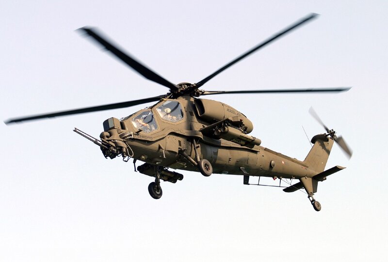 Military Attack Helicopter — Green, Dynamic, Afternoon, Photograph, Rotor Blades, Gun Turret