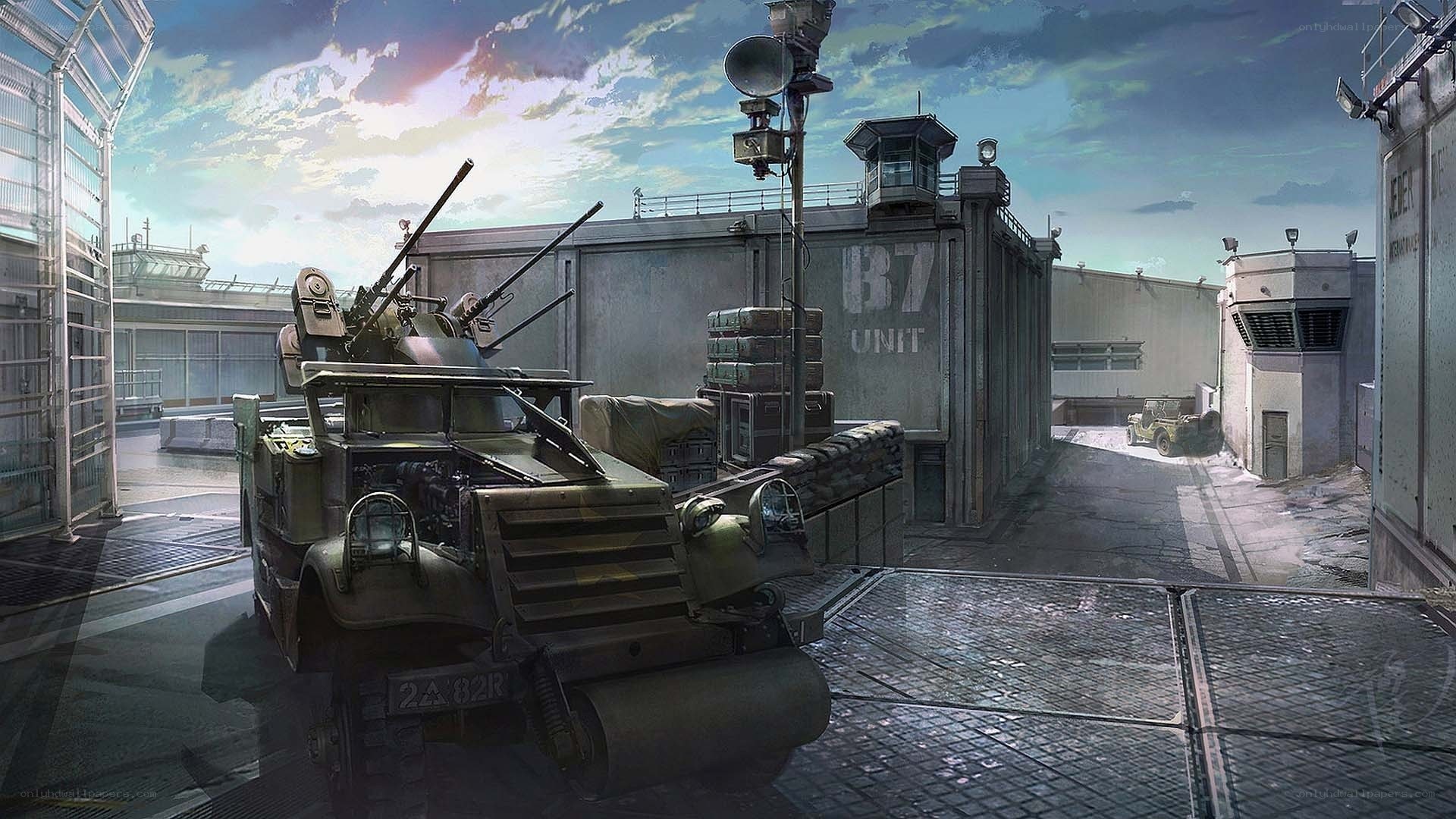 military base with armored vehicle