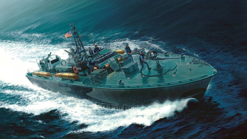 Military Boat in Ocean — Blue, Dramatic