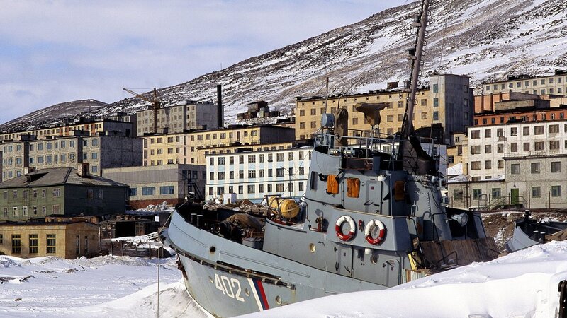 Military boat in snowy port