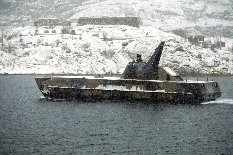 Military boat in snowy waters