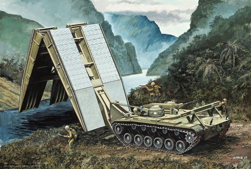 Military bridge-laying vehicle in jungle