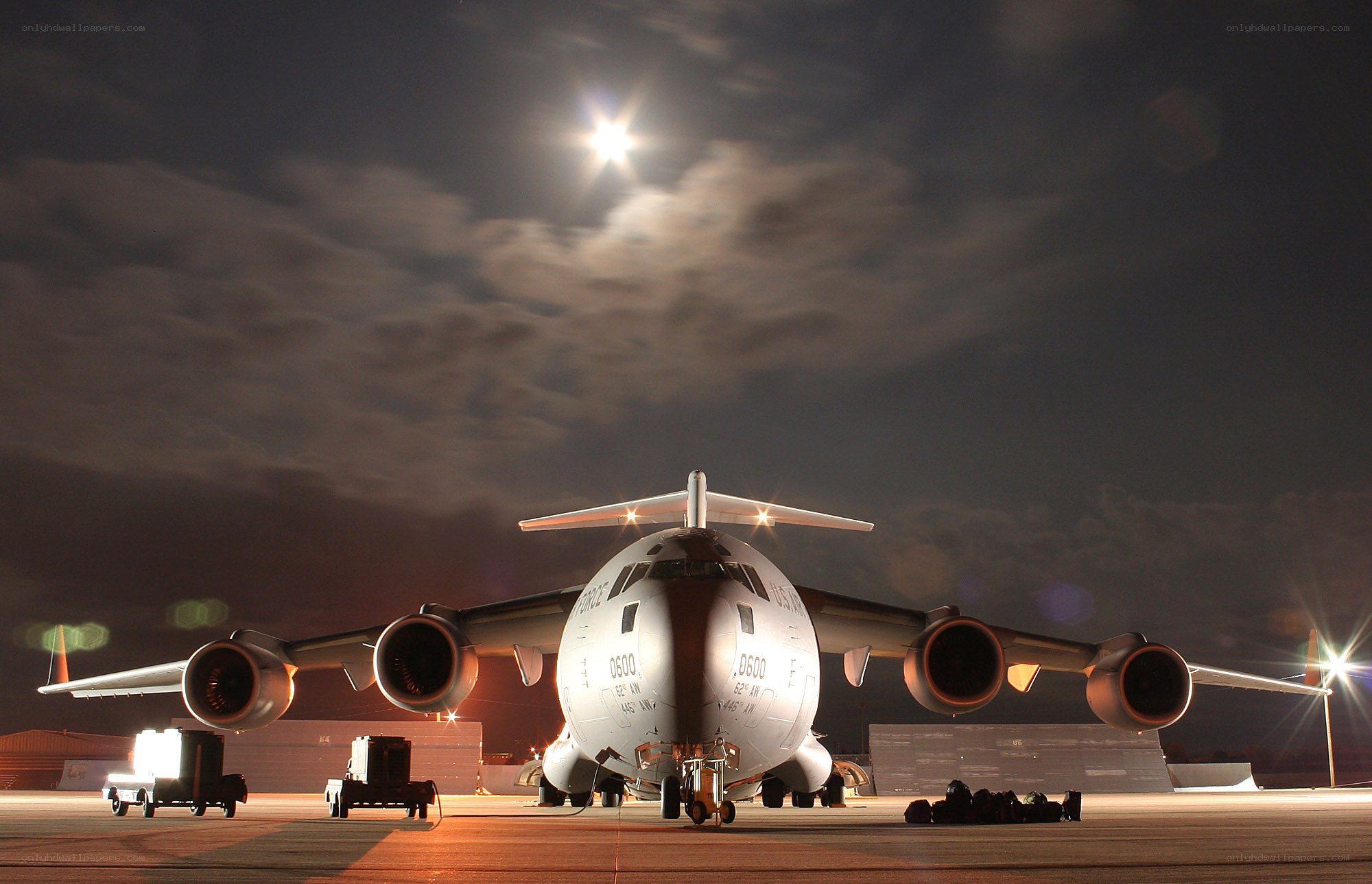 Military cargo plane at night