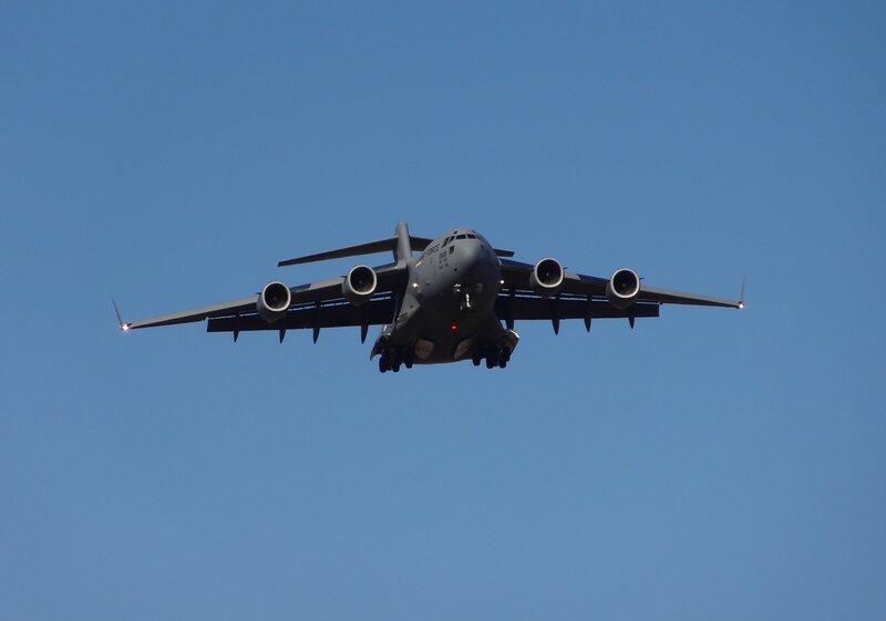 Military Cargo Plane — Blue, Clear, Afternoon, Photograph, Aircraft, Engines