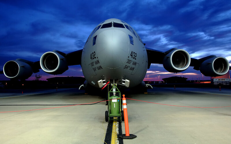 Military Cargo Plane — Blue, Dramatic, Sunset
