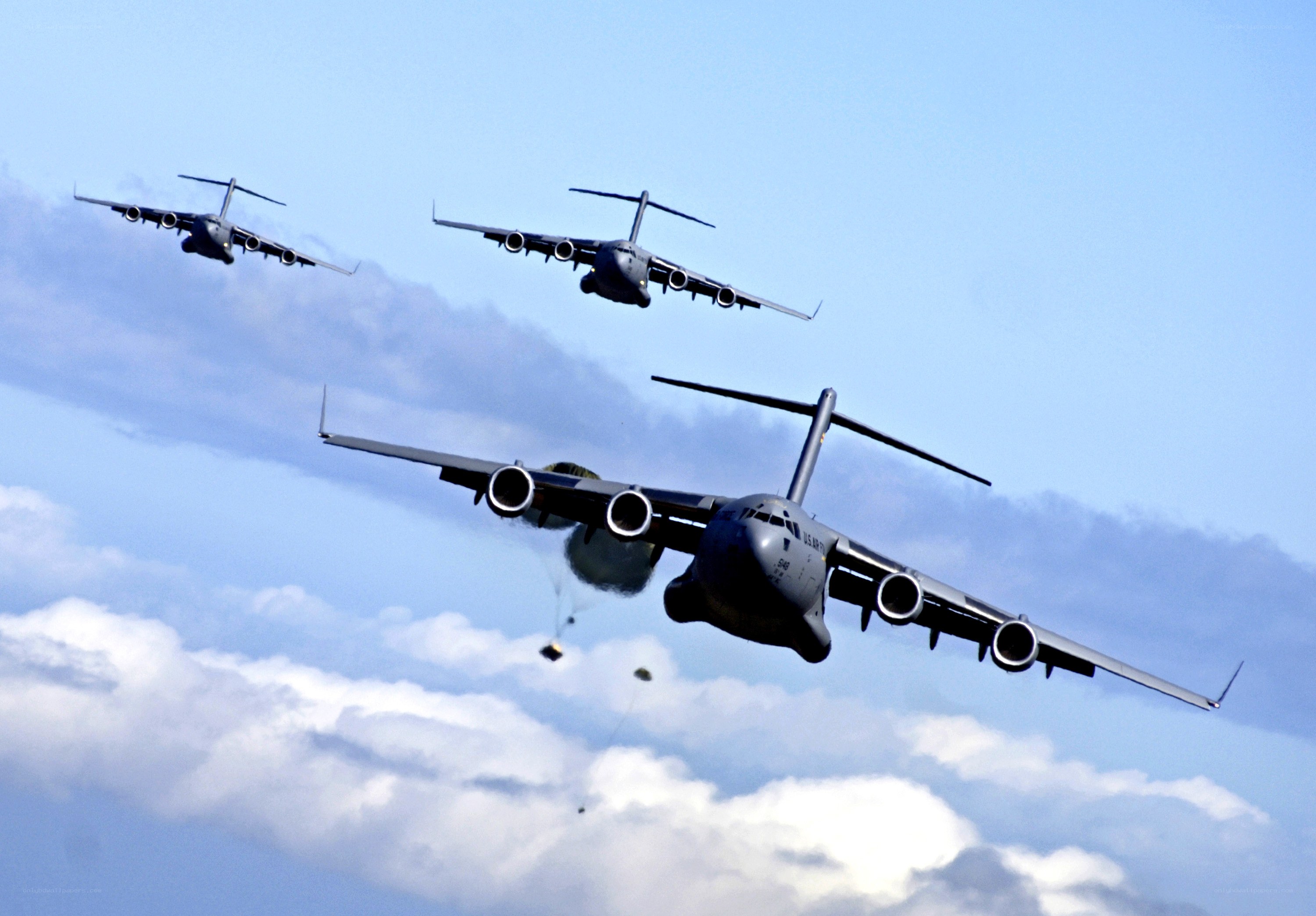 Military cargo planes in formation