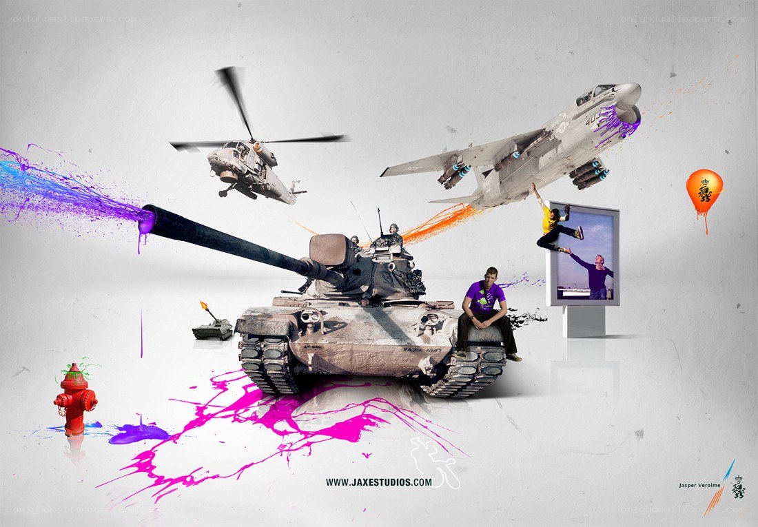 military collage with paint splatters
