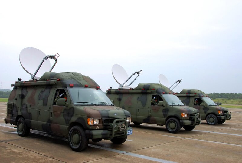 Military communication vans with satellite dishes