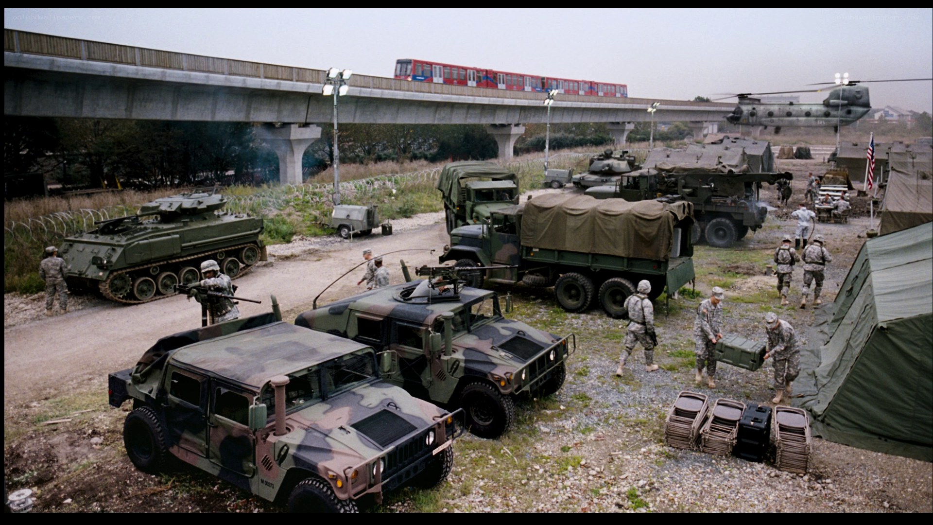 Military convoy at base camp