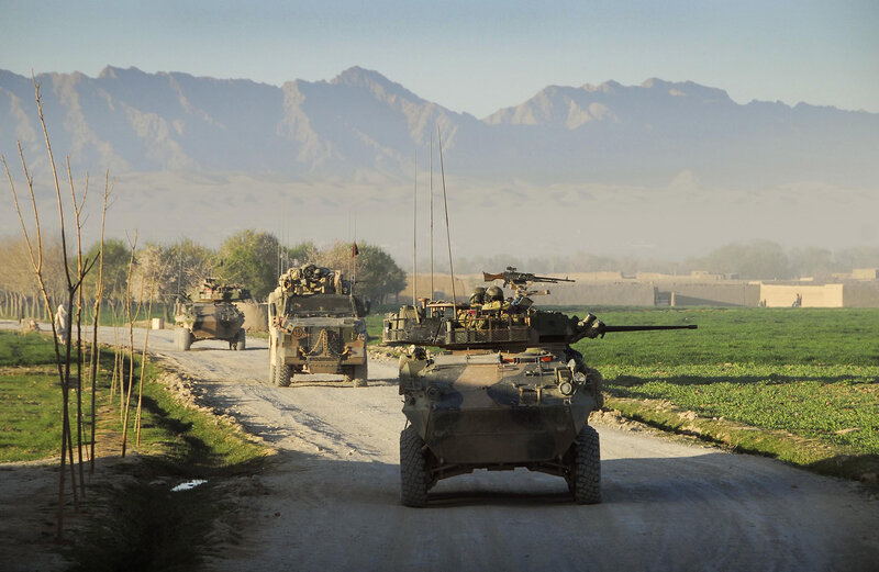 Military convoy in mountainous region