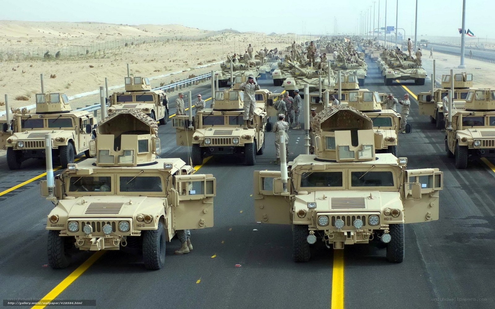 Military convoy on desert highway