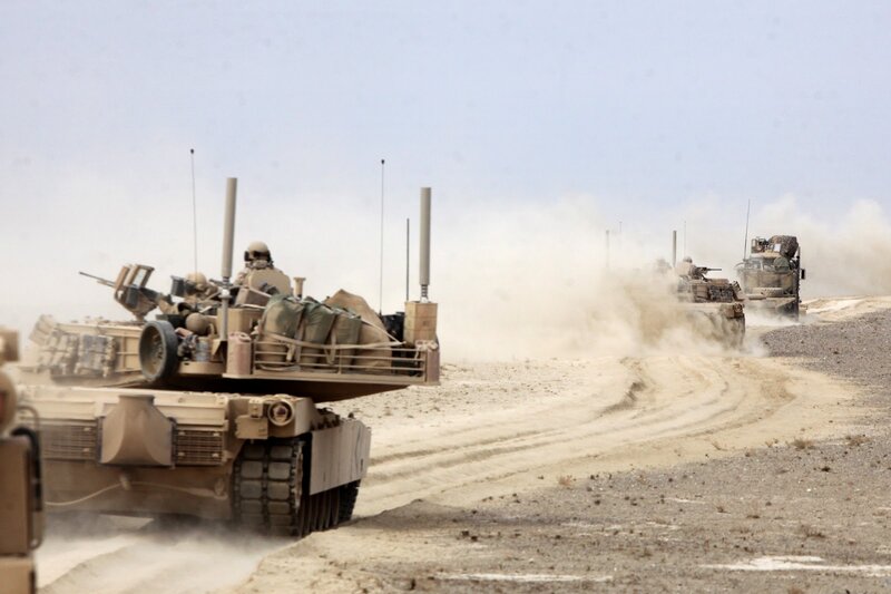 Military Convoy on Desert Road — Tan