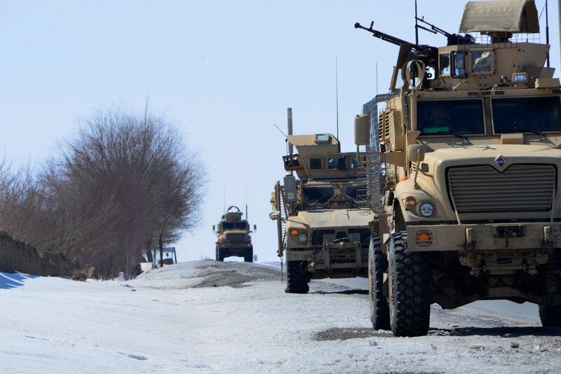 Military convoy on snowy road
