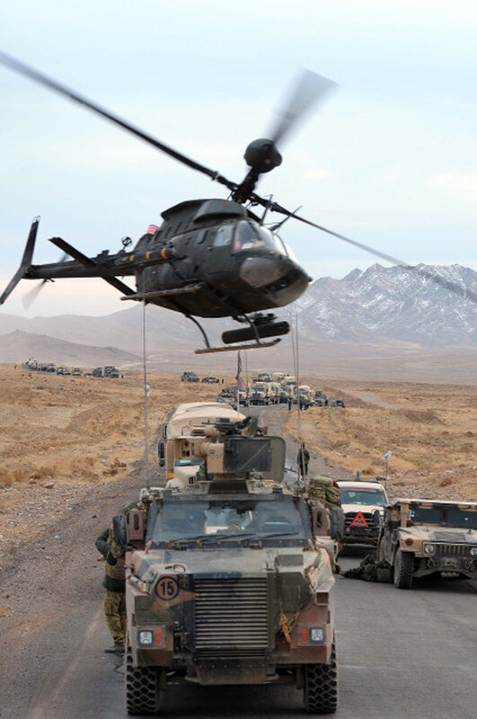 Military convoy with helicopter