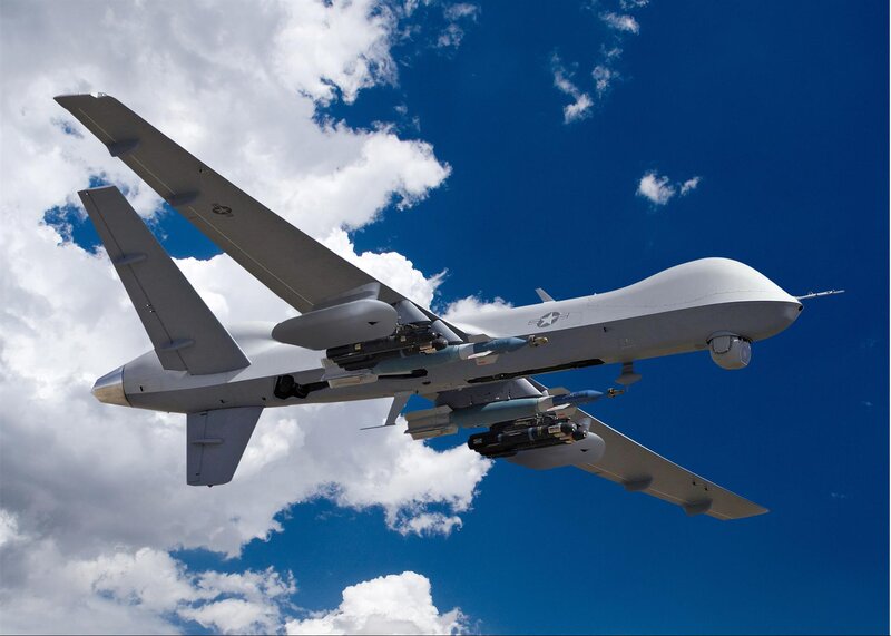 Military Drone in Flight — White