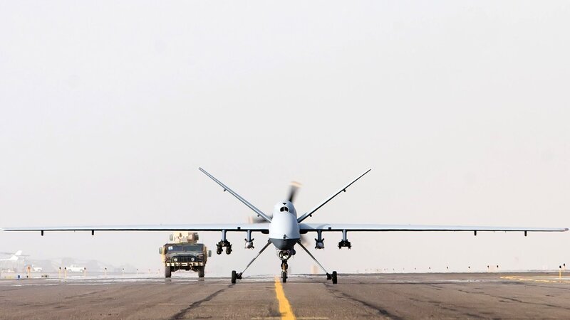 Military Drone on Runway — Gray, Neutral