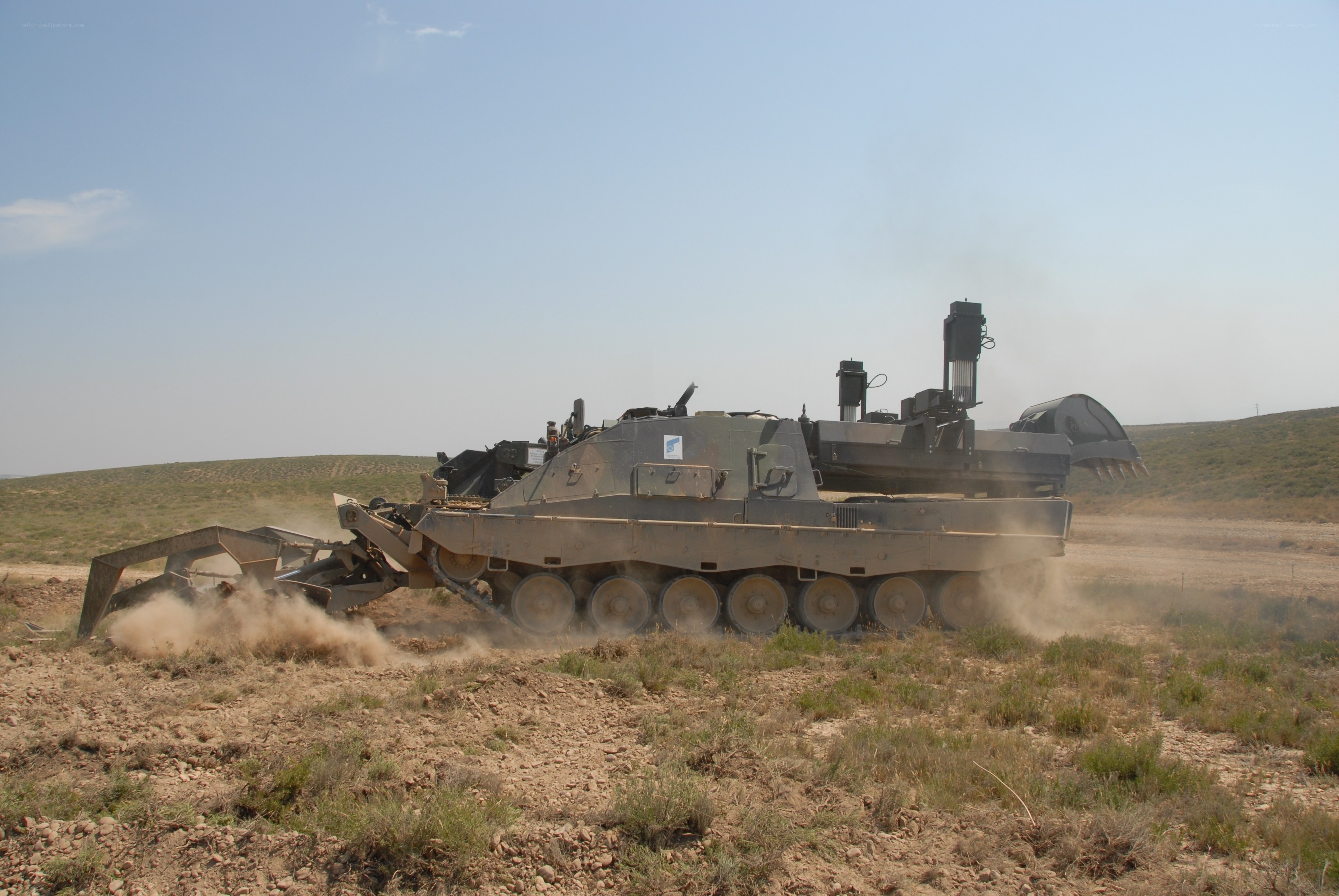 Military engineering vehicle in action
