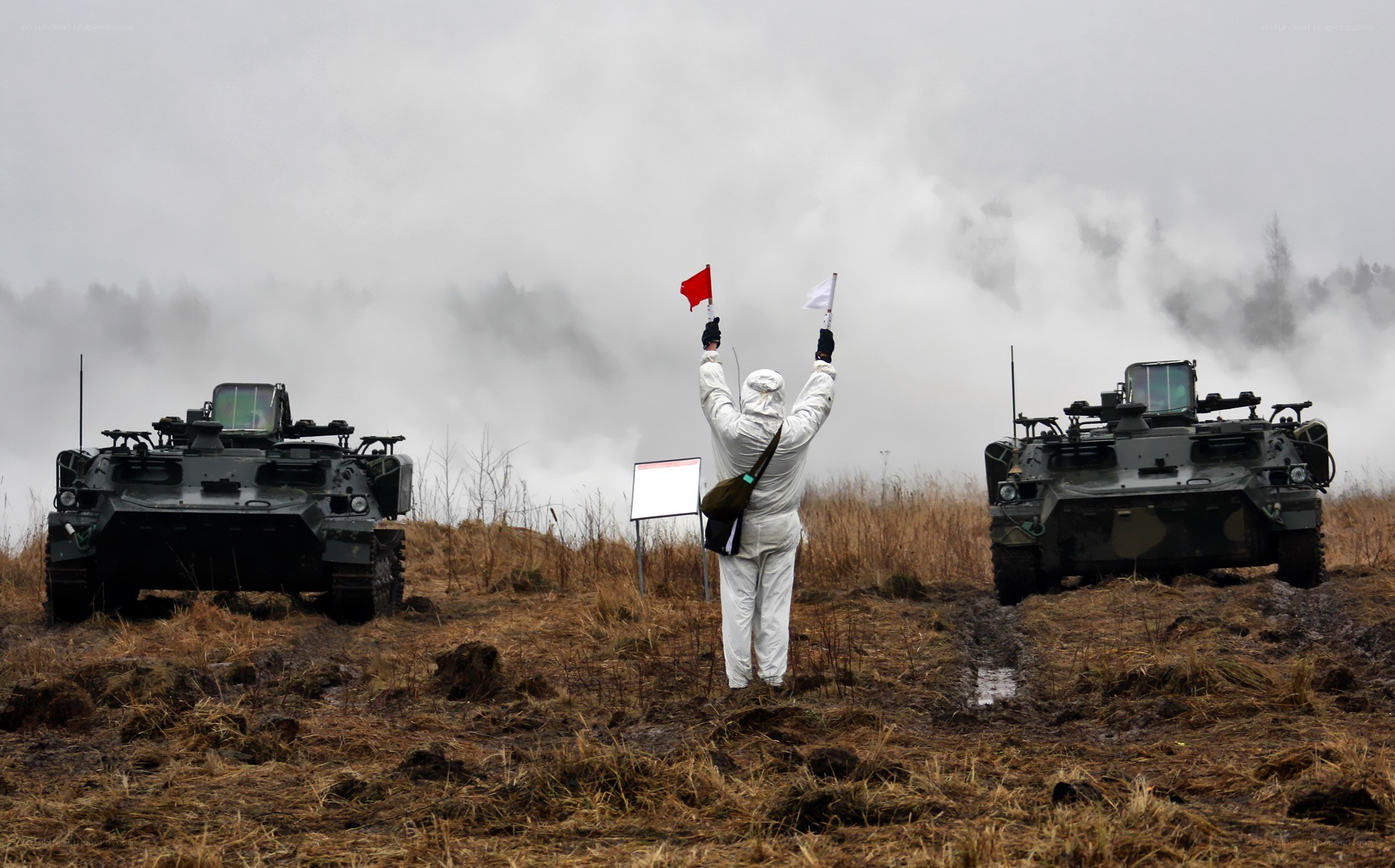 Military exercise with armored vehicles