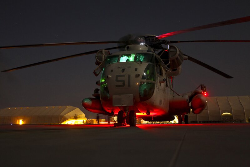 Military helicopter at night