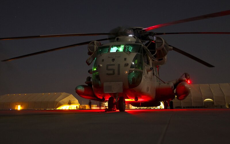 Military helicopter at night