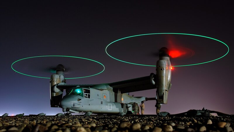 Military helicopter at night