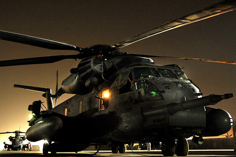 Military Helicopter at Night — Black, Dramatic, Photograph, Rotor Blades
