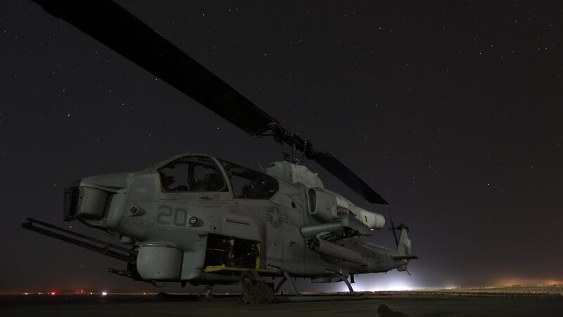 Military Helicopter at Night — Gray, Dramatic