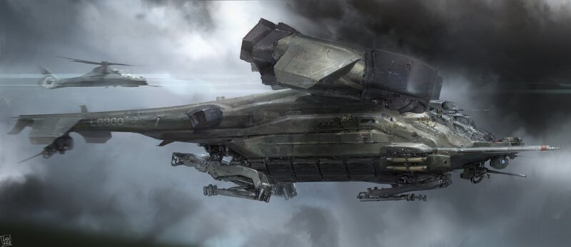 Military Helicopter — Gray, Dramatic, Digital Art, Clouds