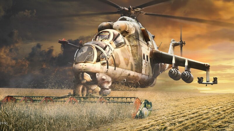 Military Helicopter in Field — Brown