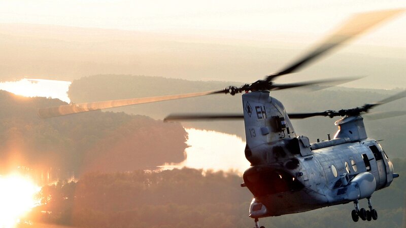 Military helicopter in flight